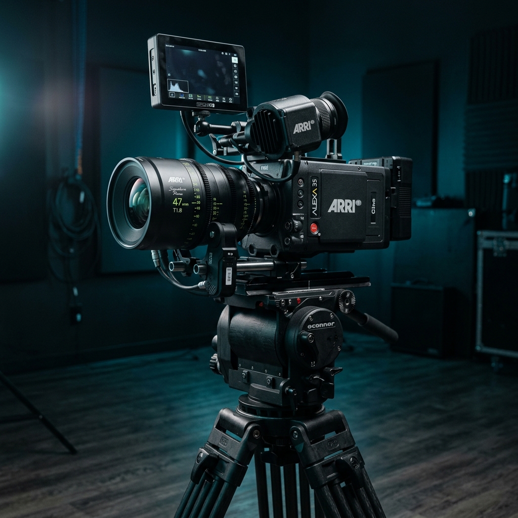Máy quay phim chuyên nghiệp trong studio tối với ánh sáng cinematic