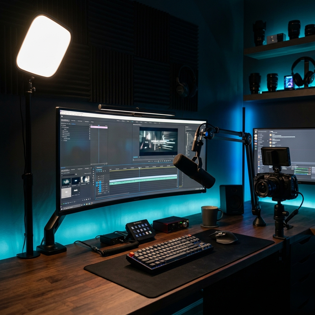 Setup góc studio chuyên nghiệp với camera, ánh sáng và microphone